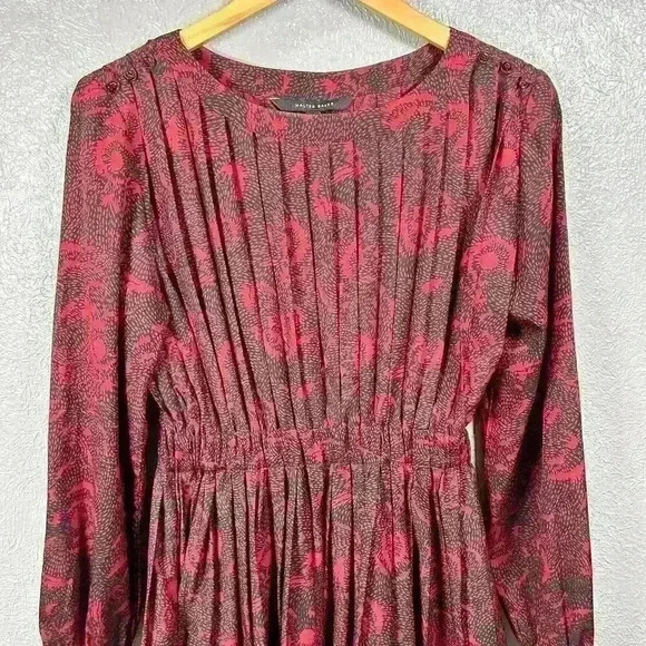 WALTER BAKER Vintage Look Fit Flare Long Sleeve Silky Pleated Dress Small 6 - Picture 2 of 14